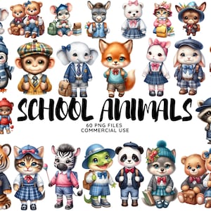 May include: A set of 60 cartoon animal illustrations in PNG format, dressed in school uniforms. The animals include a penguin, monkey, elephant, fox, rabbit, raccoon, tiger, cat, zebra, alligator, panda, and bear. The animals are wearing backpacks, hats, and other school accessories. The text "SCHOOL ANIMALS" is written in large, bold letters at the bottom of the image. The text "60 PNG FILES COMMERCIAL USE" is written in smaller letters below the title.