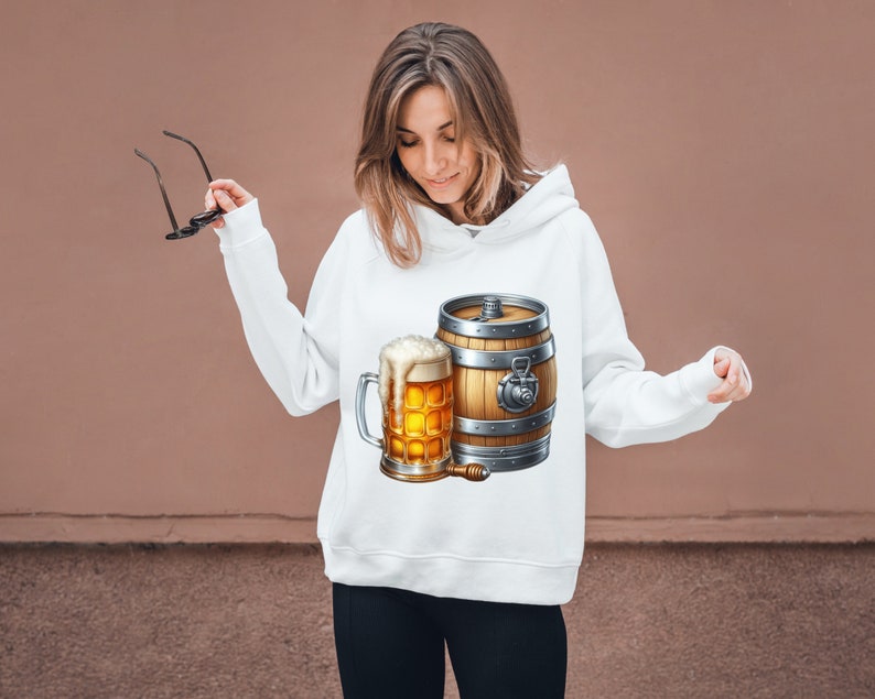May include: White hoodie with a graphic of a beer mug and a wooden barrel. The barrel has metal bands and a tap.