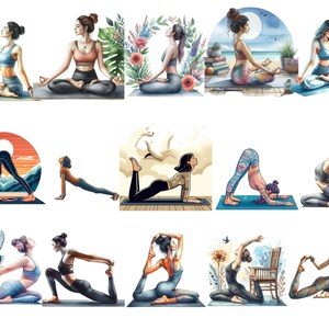 May include: A digital illustration of ten women in various yoga poses. The women are drawn in a realistic style with colorful clothing and detailed backgrounds.