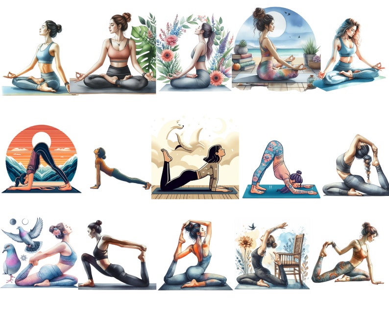 May include: A digital illustration of ten women in various yoga poses. The women are drawn in a realistic style with colorful clothing and detailed backgrounds.