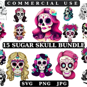 Sugar Skull Lady, Sugar Skull Mädchen SVG Png Bundle, PNG Clip Art herunterladbare digitale Kunst Bilder, Tag der Toten sofortiger digitaler Download
