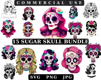 May include: A set of 15 colorful sugar skull illustrations. The skulls are decorated with flowers, ribbons, and other festive details. The text "15 Sugar Skull Bundle" is displayed in the center of the image. The text "SVG PNG JPG" is displayed at the bottom of the image.