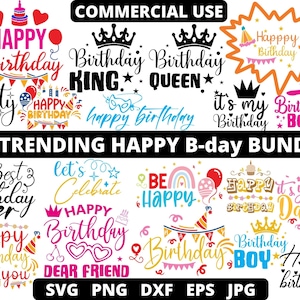 Joyeux anniversaire svg bundle Hand Lettered, Birthday Party Svg Png, Gâteau d’anniversaire svg, Birthday Queen King svg, Bday Clipart, B-day Png, Trendy