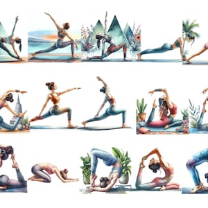 May include: Watercolor illustration of women in various yoga poses. The women are depicted in a variety of poses, including warrior one, downward-facing dog, and tree pose. The illustration is set against a white background with floral and geometric patterns.