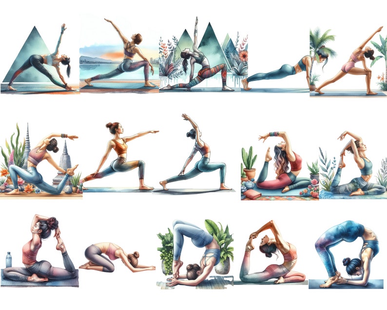 May include: Watercolor illustration of women in various yoga poses. The women are depicted in a variety of poses, including warrior one, downward-facing dog, and tree pose. The illustration is set against a white background with floral and geometric patterns.