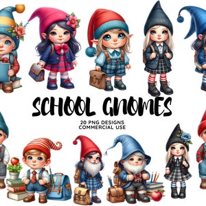 Retour à l'école, clipart gnome, nain de fournitures scolaires, fichier PNG pour sublimation, premier jour d'école, imprimable, enseignant imprimable