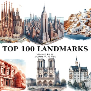 100 wereldwijde beroemde bezienswaardigheden clipart aquarel populaire bezienswaardigheden clipart Eiffeltoren Taj Mahal illustraties commercieel gebruik Colosseum