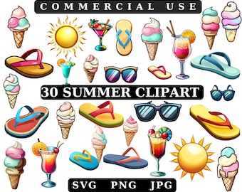 Summer Clipart Set: Beach, Ice Cream, Cocktails (SVG, PNG)