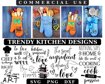 May include: A set of 10 SVG, PNG, and DXF digital files featuring kitchen-themed designs. The designs include phrases like "To live well is to eat well", "This kitchen is seasoned with love", "The secret ingredient is always love", and "Nothing says home like the smell of cooking, always cook with passion".