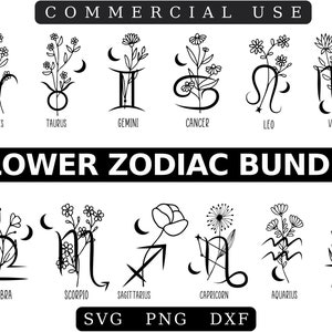 Fleur Zodiaque svg Bundle - Signe du Zodiaque Svg - Astrologie Svg - Fleur de Naissance Clipart PNG - Bélier Gémeaux Scorpion Verseau Vierge Lion Cancer Svg