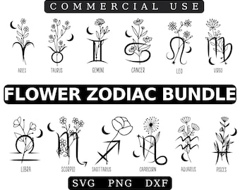 Paquete SVG de flores del zodíaco: Clipart de signos astrológicos (PNG, DXF)