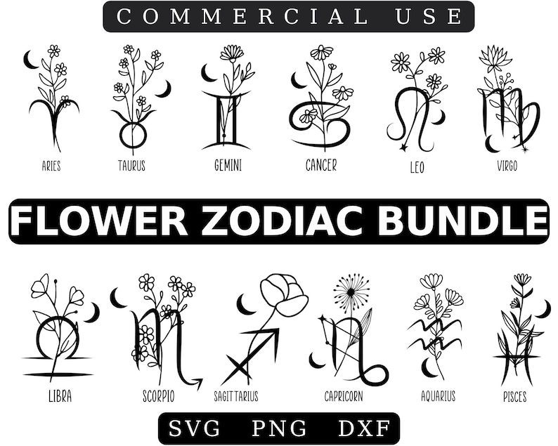 Flower Zodiac Svg Bundle Zodiac Sign Svg Astrology Svg Etsy
