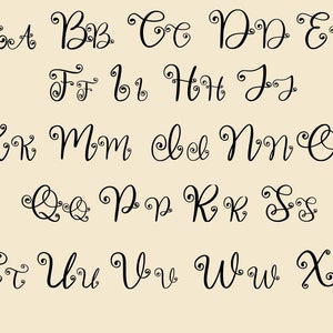May include: A black and white alphabet with a decorative, cursive font. Each letter has a flourish or swirl at the top and bottom.