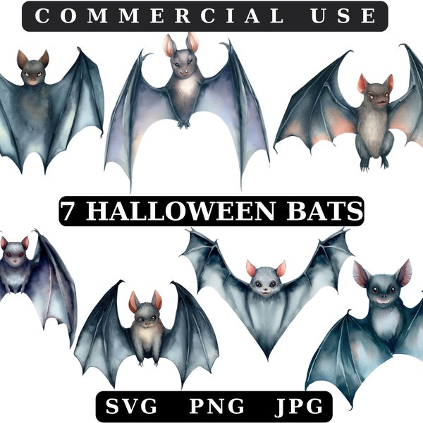 Watercolor Halloween Cute Bat Clip art, Spooky Kawaii Bats ClipArt, Transparent Background PNG Graphics, Digital Download, Commercial Use