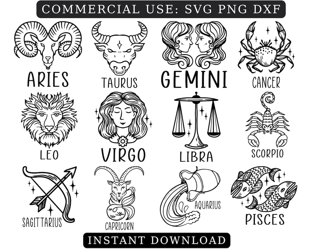 ZODIAC SIGNS BUNDLE Svg, Horoscope Svg Png Dxf, Astrology Svg, Zodiac ...