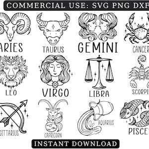 STERNZEICHEN BUNDLE SVG, Horoskop Svg Png Dxf, Astrologie Svg, Sternzeichen Svg, Png, Cricut Cut Dateien, Horoskop Svg, Alle 12 Astrologie Zeichen
