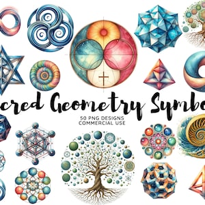 May include: A collection of 50 sacred geometry symbols, including the infinity symbol, the flower of life, the tree of life, and the spiral. The symbols are drawn in watercolor and have a variety of colors, including blue, green, red, and gold. The text "Sacred Geometry Symbols" is written in black cursive font at the bottom of the image. The text "50 PNG Designs Commercial Use" is written in black font below the title.