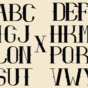 May include: Black and white alphabet letters in a decorative font style. The letters are arranged in three rows, with the letters A, B, and C in the top row, I, G, and J in the middle row, and L, O, N, and X in the bottom row. The letters D, E, and F are in the top row of the right side of the image, H, R, and M are in the middle row, and P, Q, and R are in the bottom row. The letters S, U, and T are in the top row of the left side of the image, and V, W, and Y are in the bottom row.