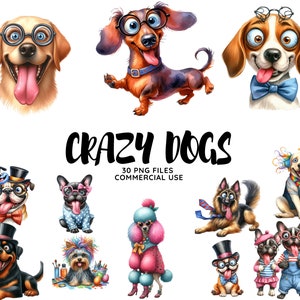 Pacote de clipart em aquarela de cães engraçados loucos, imagens festivas de cães, gráficos de filhotes de férias aconchegantes, download digital instantâneo, uso comercial