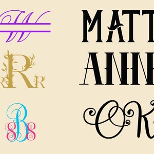 May include: Four different monogram designs. The first is a purple split monogram with the letter "W". The second is a gold monogram with the letter "R" surrounded by leaves. The third is a blue and pink split monogram with the letter "B". The fourth is a black cursive monogram with the letters "OK".