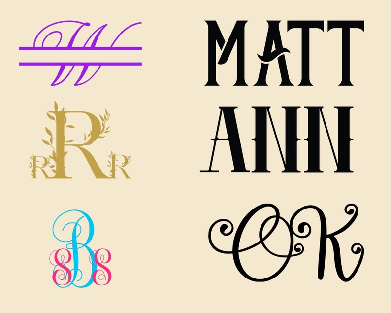 May include: Four different monogram designs. The first is a purple split monogram with the letter "W". The second is a gold monogram with the letter "R" surrounded by leaves. The third is a blue and pink split monogram with the letter "B". The fourth is a black cursive monogram with the letters "OK".