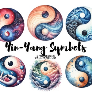 Könnte beinhalten: Sechs Aquarell-Illustrationen von Yin-Yang-Symbolen. Jedes Symbol hat ein einzigartiges Design mit verschiedenen Farben und Mustern, darunter Galaxie, Wellen, Blumen und Wolken. Der Text "Yin-Yang Symbols" und "6 PNG Designs Commercial Use" ist ebenfalls enthalten.
