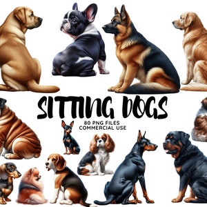 Lot de cliparts chiens, races de chiens, aquarelles de chiens assis, clipart chiot, chiens par sublimation, utilisation commerciale et scrapbooking, bricolage
