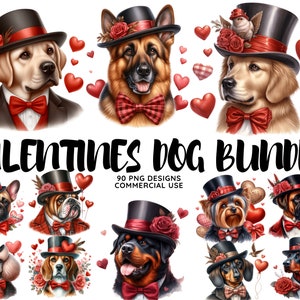 Valentine Dogs aquarel clipart bundel, feestelijke hond afbeeldingen gezellige heren puppies met HatGraphics Instant Digitale Download commercieel gebruik