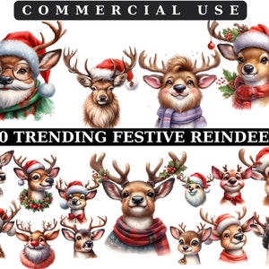 Clipart di renne carine di Natale, clipart di cuccioli di vacanze invernali, PNG di animali del bosco di Natale, uso commerciale di Natale dell'acquerello