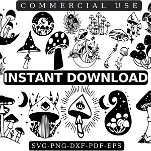 May include: Black and white vector illustrations of various mushrooms with different shapes and designs. Some mushrooms have eyes, stars, and other details. The text "COMMERCIAL USE" and "INSTANT DOWNLOAD" is included in the image.