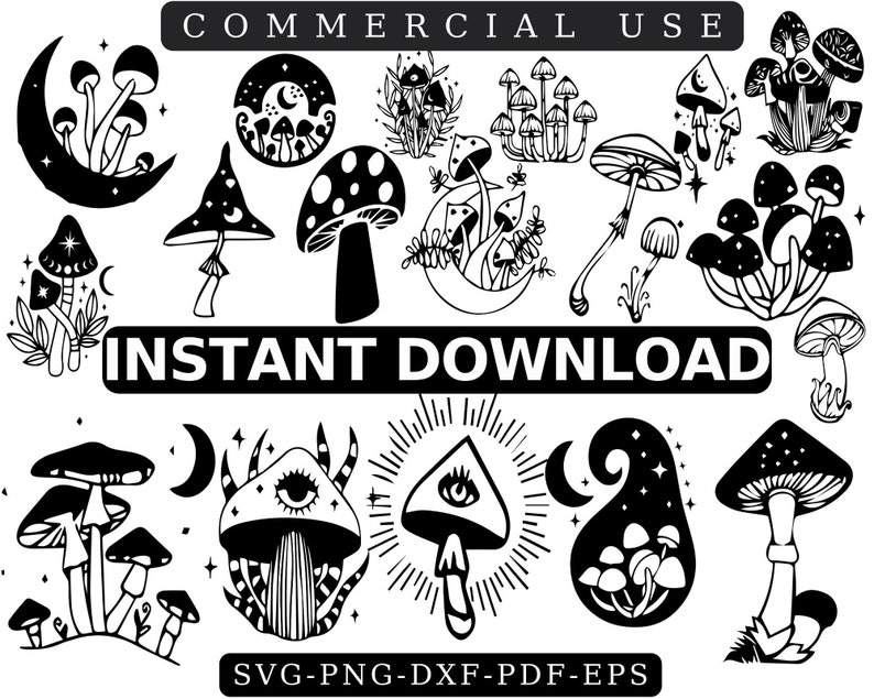 May include: Black and white vector illustrations of various mushrooms with different shapes and designs. Some mushrooms have eyes, stars, and other details. The text "COMMERCIAL USE" and "INSTANT DOWNLOAD" is included in the image.
