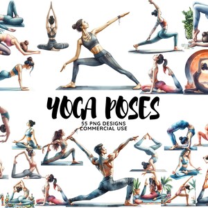 May include: A set of 55 watercolor illustrations of yoga poses. The illustrations are in a variety of colors and feature people in different yoga poses. The text "Yoga Poses" and "55 PNG Designs Commercial Use" is included in the image.