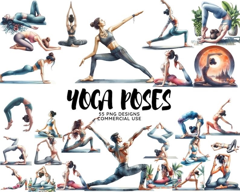 May include: A set of 55 watercolor illustrations of yoga poses. The illustrations are in a variety of colors and feature people in different yoga poses. The text "Yoga Poses" and "55 PNG Designs Commercial Use" is included in the image.