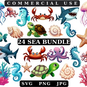 Sea Animals Clipart Set,Shark,Jelly Fish,Crab,Fish,Octopus,Turtle,Coral,Ocean,Instant Download,Commercial Use,Underwater Animal Svg Png Jpg