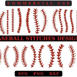 Puede incluir: Una colección de diseños de costuras de béisbol rojas en varias formas y tamaños, sobre un fondo blanco. La imagen incluye el texto "COMMERCIAL USE" y "BASEBALL STITCHES DESIGNS". Los formatos de archivo incluyen SVG, PNG y DXF.