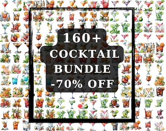 May include: A digital illustration of 160+ watercolor cocktail illustrations in various glasses. The image features a black banner with the text "160+ COCKTAIL BUNDLE -70% OFF".
