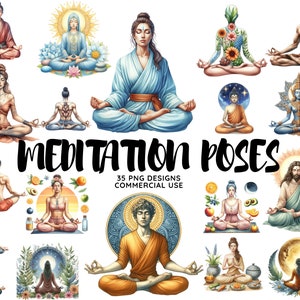 Watercolor Spiritual Woman Meditation clipart, Indian meditation png bundle, Hand drawn yoga clipart, Meditation light picture