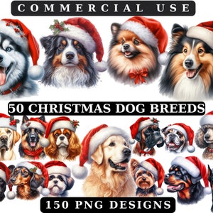 Paquete de imágenes prediseñadas de acuarela de perros navideños, imágenes festivas de perros, gráficos acogedores de cachorros navideños, descarga digital instantánea, uso comercial