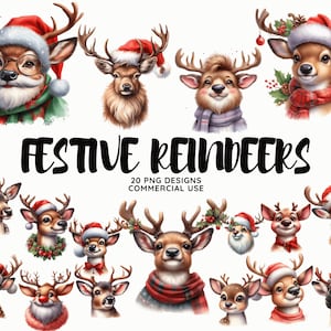 Watercelor Festive Reindeer clipart set Cute Christmas themed illustrated clipart Commercial use Christmas card elements Instant Download