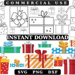 May include: A digital download of 10 different gift box designs. The designs are in black and white and feature various ribbon and bow styles. The designs are perfect for creating your own custom gift boxes.