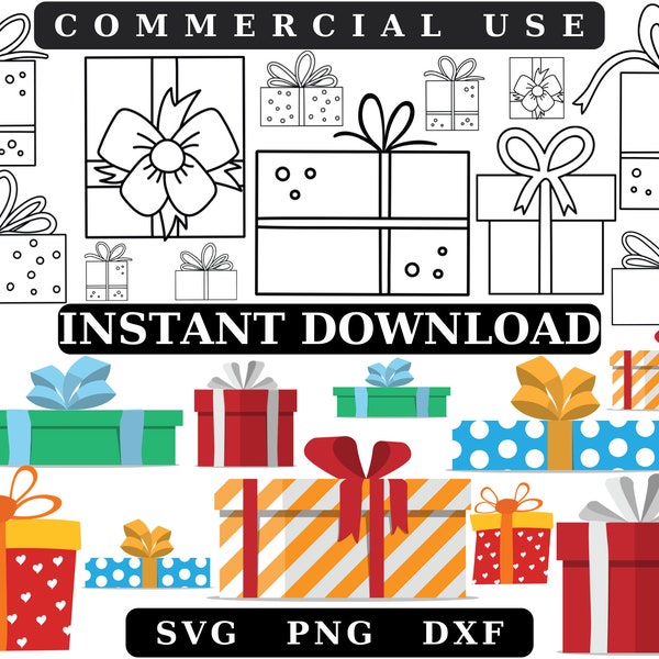 Christmas Gift SVG, Present SVG Bundle, Gift Box SVG, Presents Clipart, Black and White, Silhouette, Cricut, Gift Icon,Gift Giving Graphic,9