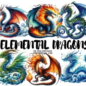 Elemental Dragons Watercolor Clipart Bundle, Magical Fairytale Illustrations,Cute Storybook,PNG,Instant Digital Download,Commercial Use