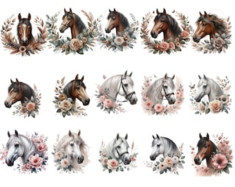 Watercolor Horse Clipart: Floral Enchanting Illustrations (PNG Digital Download)