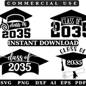 May include: Four black and white graduation cap designs with the text "Class of 2035". The designs include a graduation cap with a scroll, a graduation cap with the year 2035, a graduation cap with the text "Class of 2035" and a graduation cap with a scroll and the year 2035.