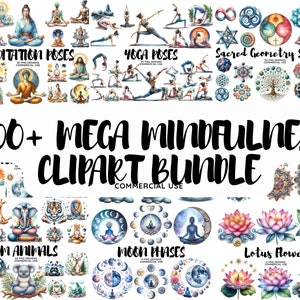 Mega Yoga Clipart Bundle, Meditazione acquerello PNG, Pacchetto di consapevolezza sacra, Spirituale, Equilibrio, Fiore della vita, arte digitale, stampabili