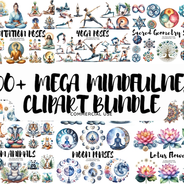 Mega Yoga Clipart Bundle,Watercolor Meditation Png, Sacred Mindfulness Bundle, Spiritual, Balance,Flower of Life, digital art, printables