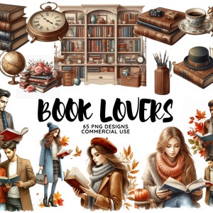 Bücher Aquarell Clipart Bundle PNG Cottage Buch Bilder, gemütliche Bücherwurm Grafiken, sofortiger digitaler Download, kommerzielle Nutzung