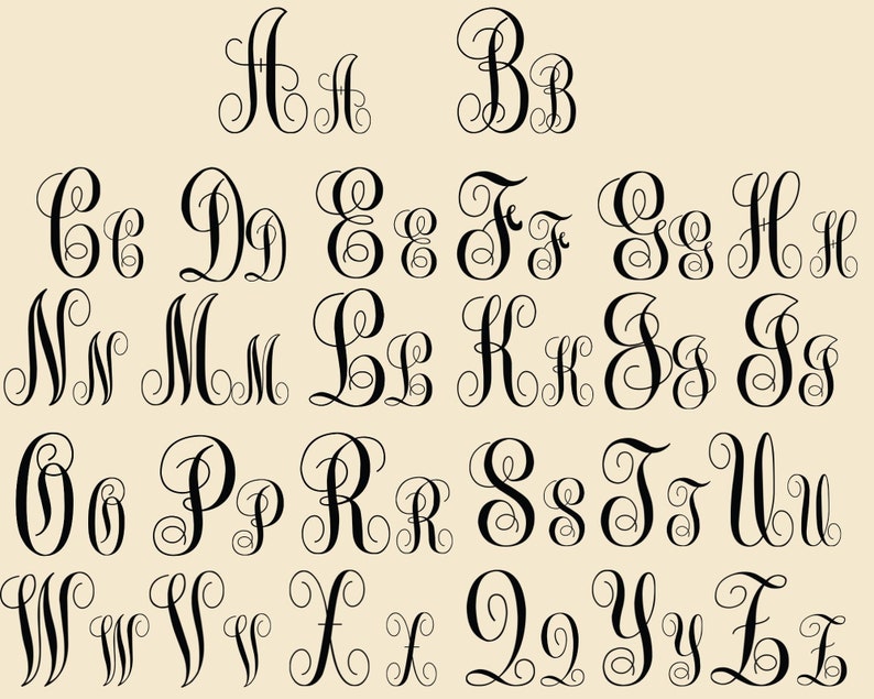 May include: A black and white image of the alphabet in a cursive script font. Each letter is shown twice, once in uppercase and once in lowercase.