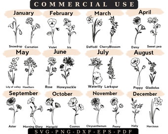 Paquete SVG de flores del zodiaco con mes de nacimiento: Clipart astrológico (descarga digital)
