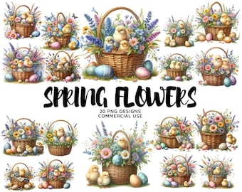 Easter Floral Basket Clipart: Bunny, Chick, Gnome Graphics (Digital Download)